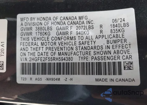 2024 Honda Civic Sport from USA, damaged, VIN 2HGFE2F55RH594380